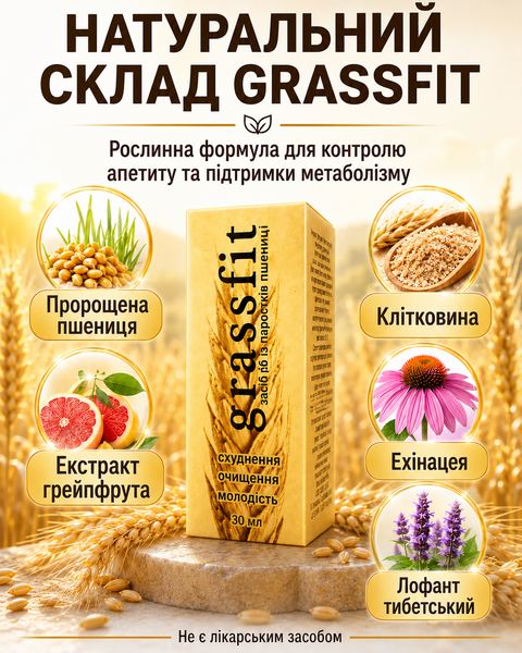 Натуральний склад Grassfit: пророщена пшениця, екстракт грейпфрута, клітковина, ехінацея, лофант тибетський